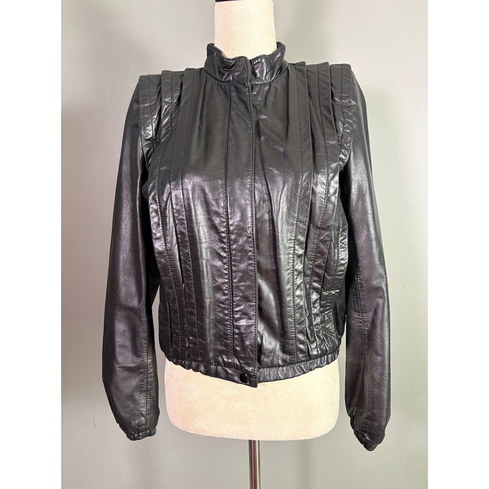 Vintage 80s Leather Bomber Jacket Women XS Black Pleated Moto Biker Powerful Zip